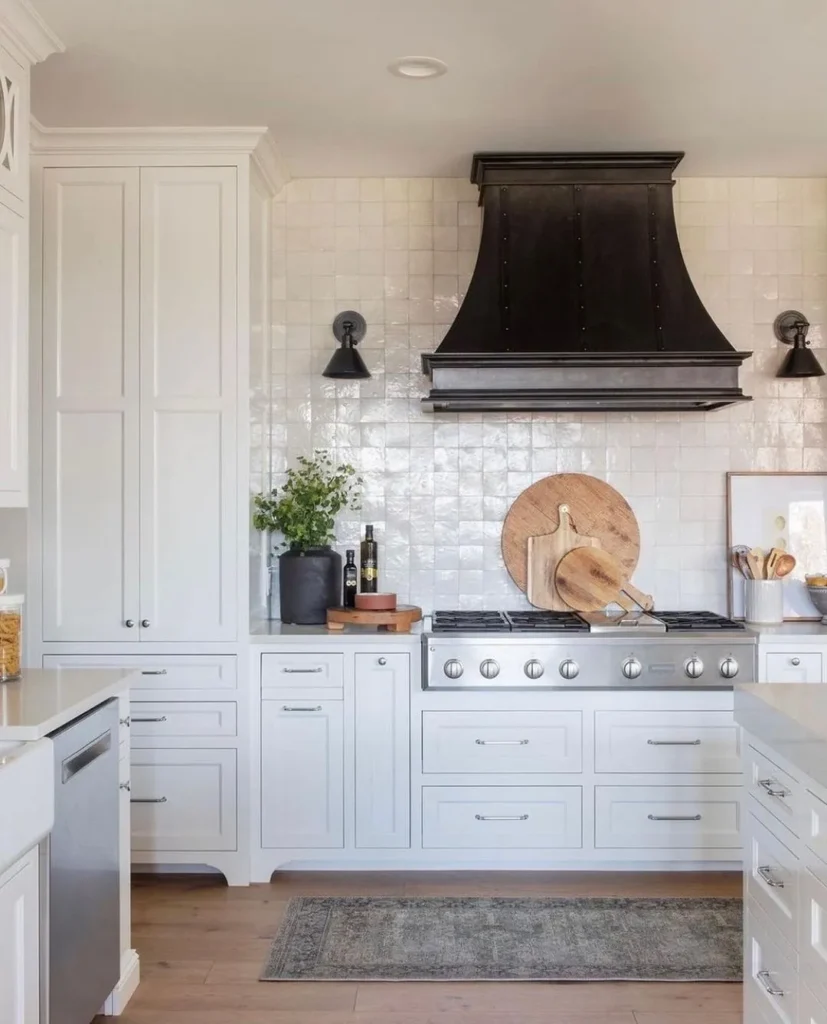 White Cabinets with Victorian Patterned Tile backsplash