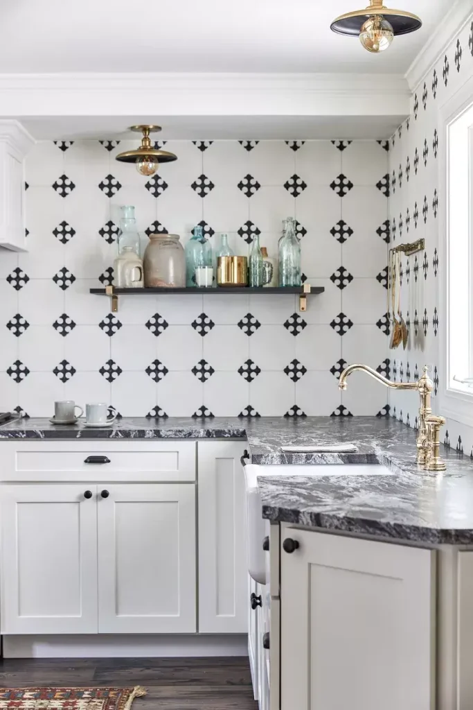 Gothic Cross Tiles Backsplash with White Cabinets