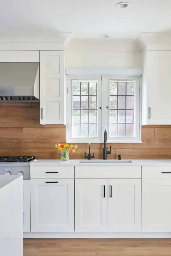 Wood Backsplash with White Cabinets