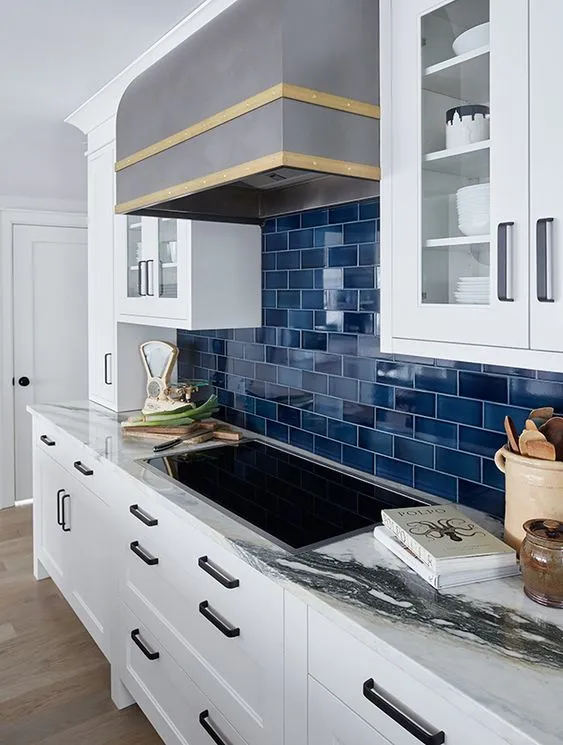 White Cabinets with Nautical Navy Blue Tiles 