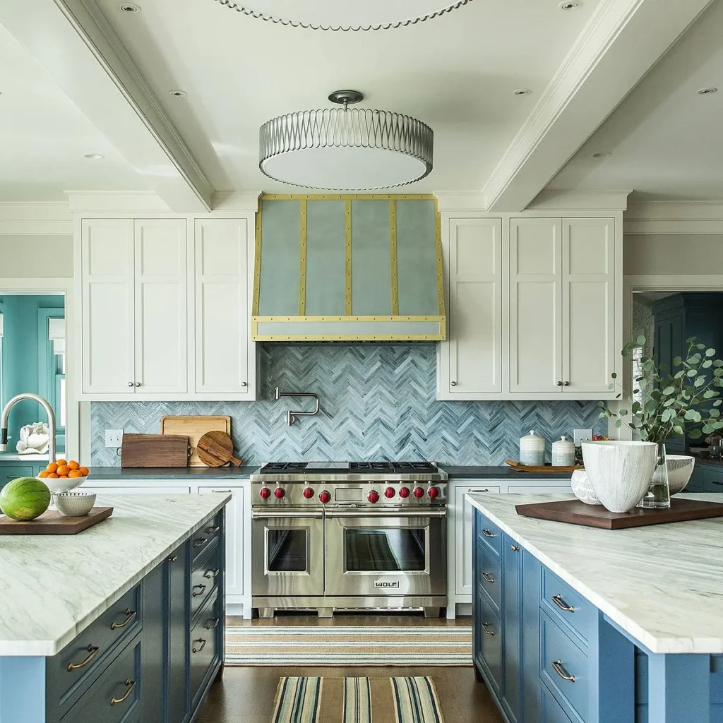 white cabinets with Ocean Blue Backsplash