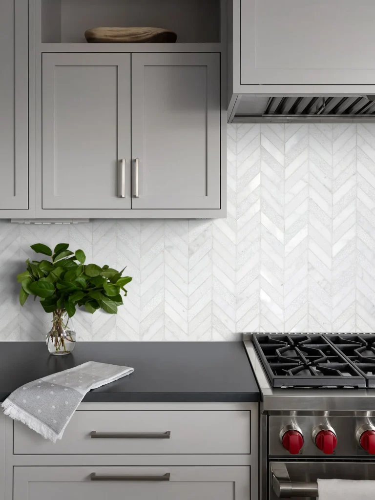 Chic Chevron Backsplash with White Cabinets