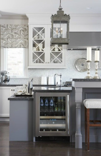 Grey Shades backsplash with white cabinets