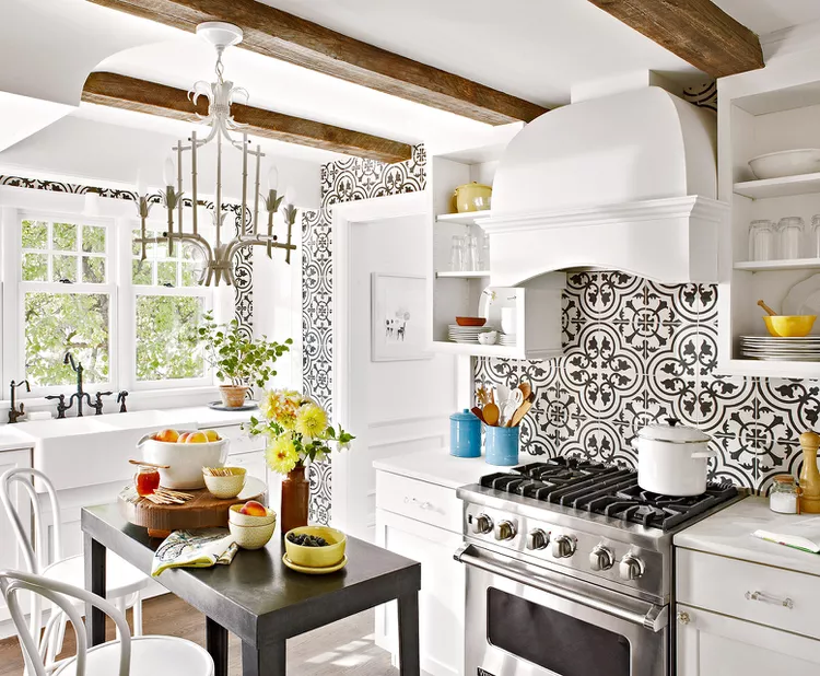 White Cabinets with Bold Pattern backsplash