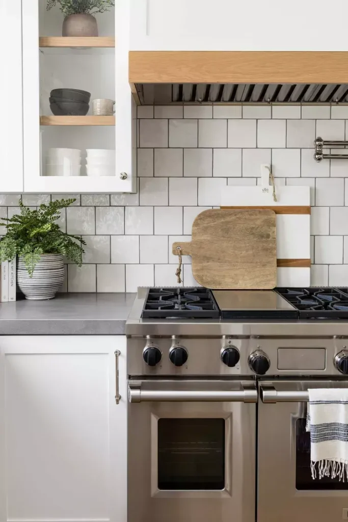 White Square Tile Backsplash with white cabinets