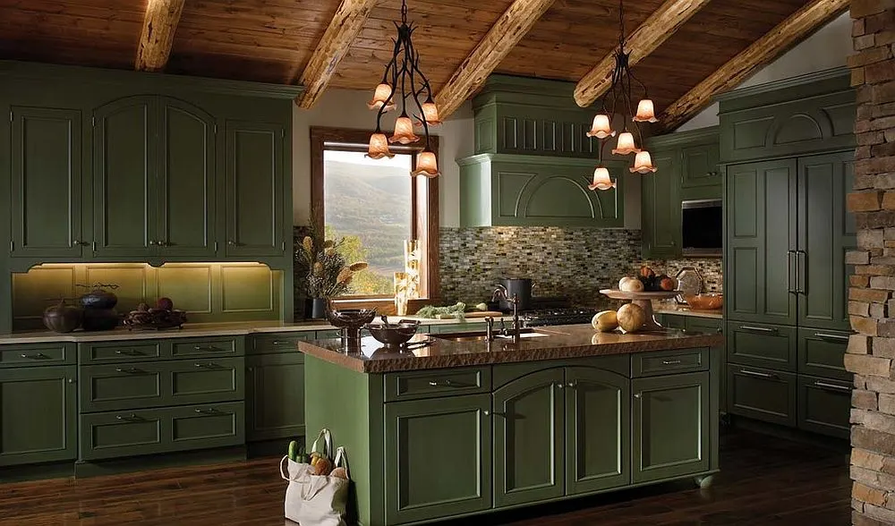 A Kitchen with cabinets having combination of Decoist Deep Green Plus Warm Wood