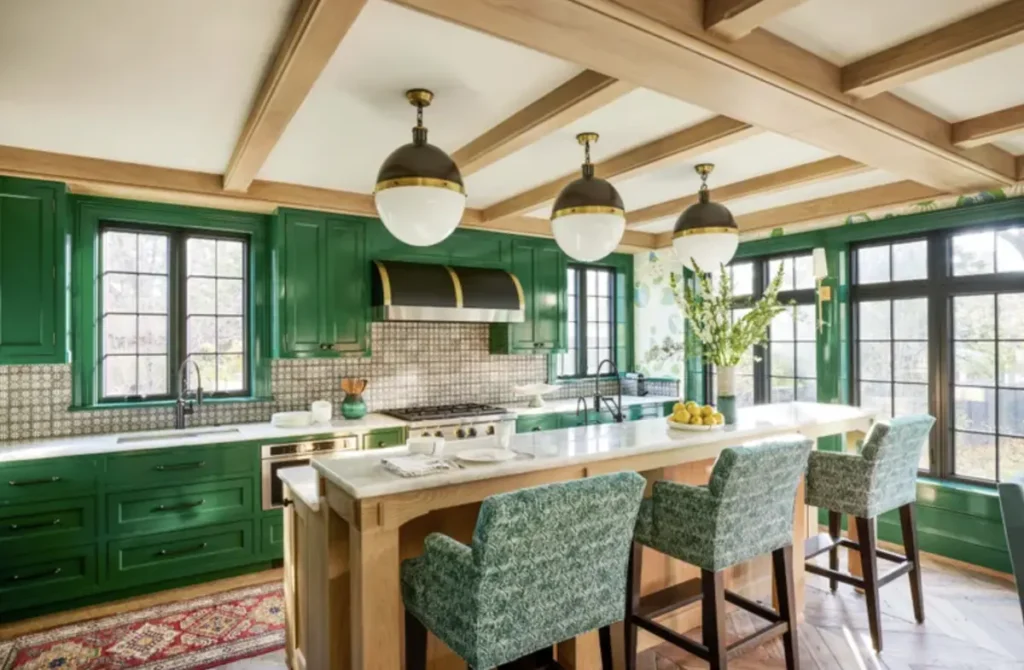 Light Timber and Grass Green combination of cabinets in a Kitchen