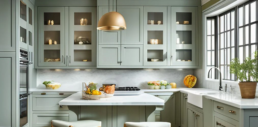 A kitchen with Pastels colored Cabinets 