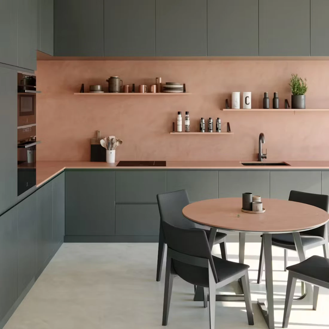 A kitchen with Color Blocking options on Various Cabinets