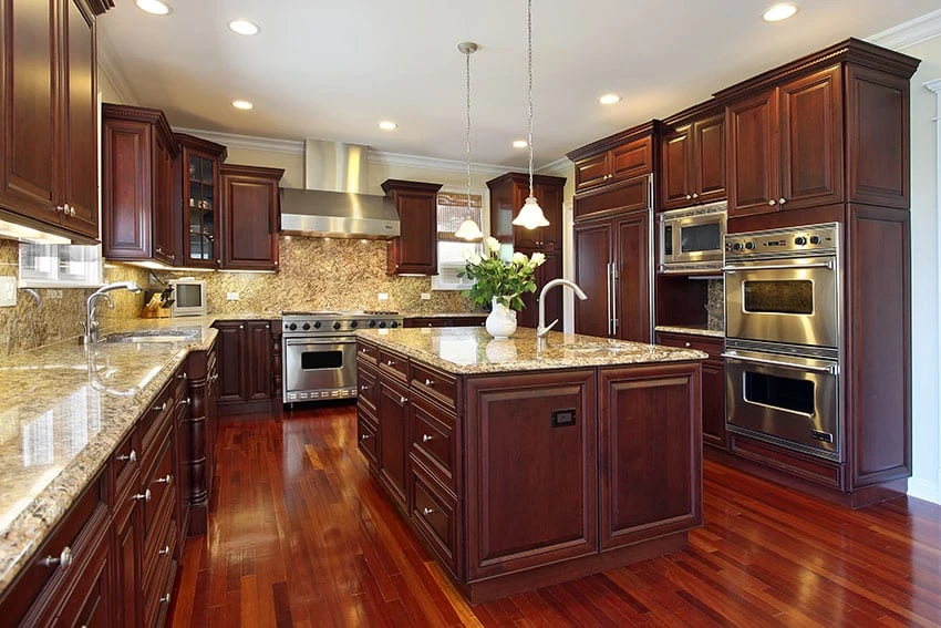 A kitchen with Cherry Wood Plus Greige cabinets