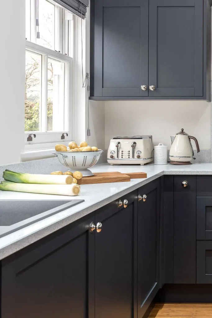 Charcoal Gray Plus Classy White cabinets in a modern kitchen 