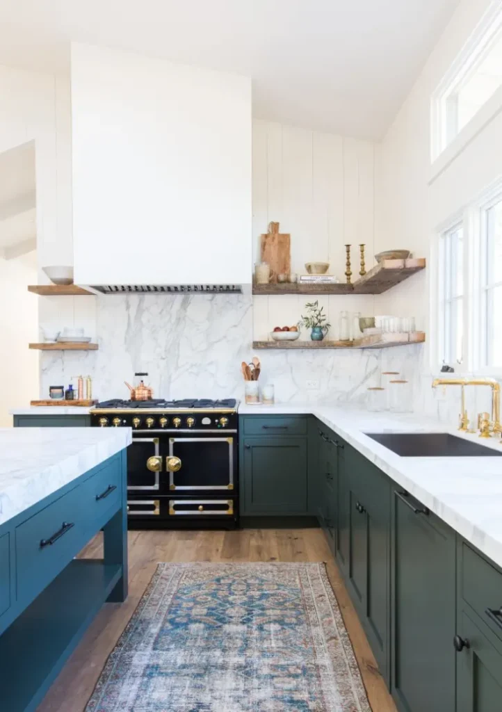 Teal Plus White cabinets in a beautiful modern kitchen