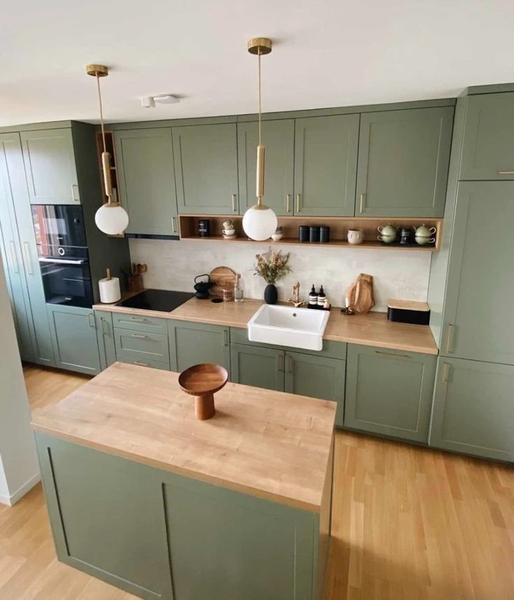 Forest Green and Natural Wood combination for Kitchen Cabinets