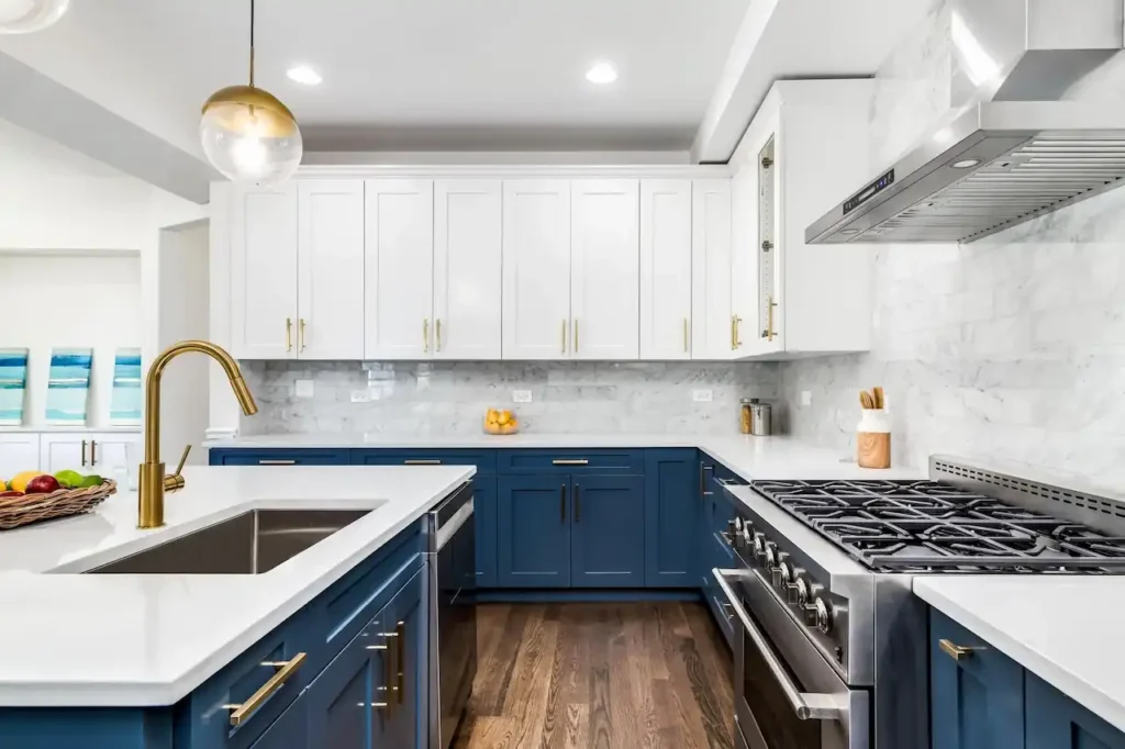 Beautiful Kitchen With combination of White and Blue cabinets 