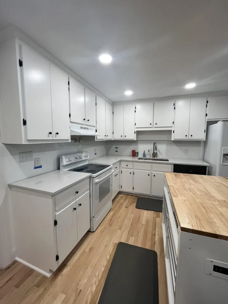 A beautiful kitchen with cabinets having Snowbound by Sherwin Williams (SW 7004)