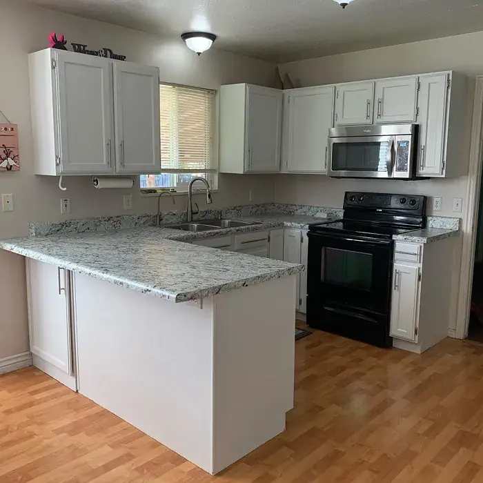 A beautiful kitchen with cabinets having Benjamin Moore Paper White OC 54