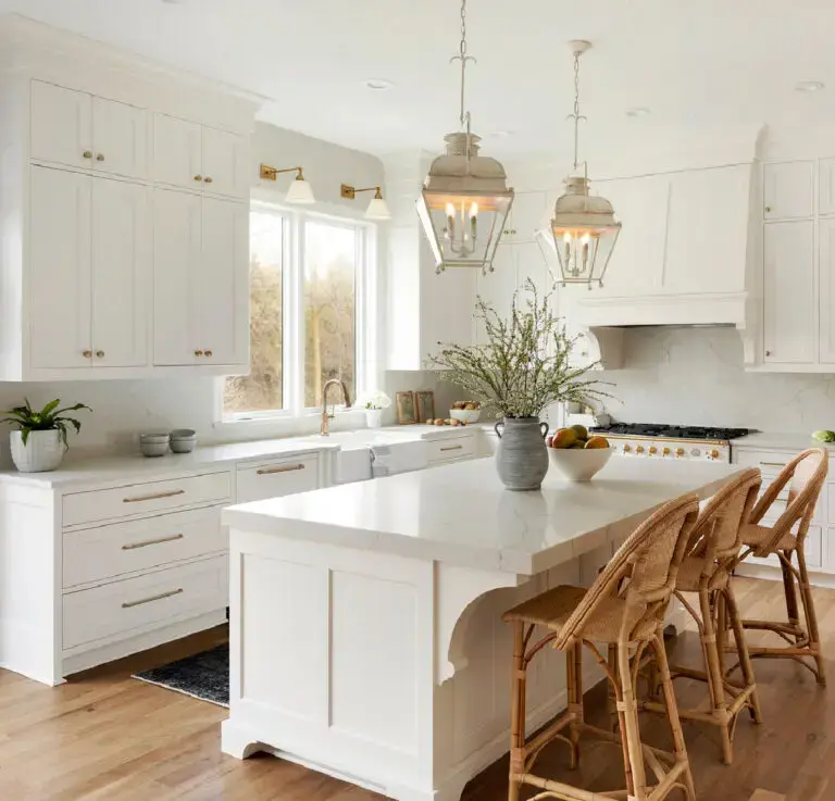 A beautiful kitchen with cabinets having Sherwin Williams, one of best White Paint colors for kitchen Cabinets 