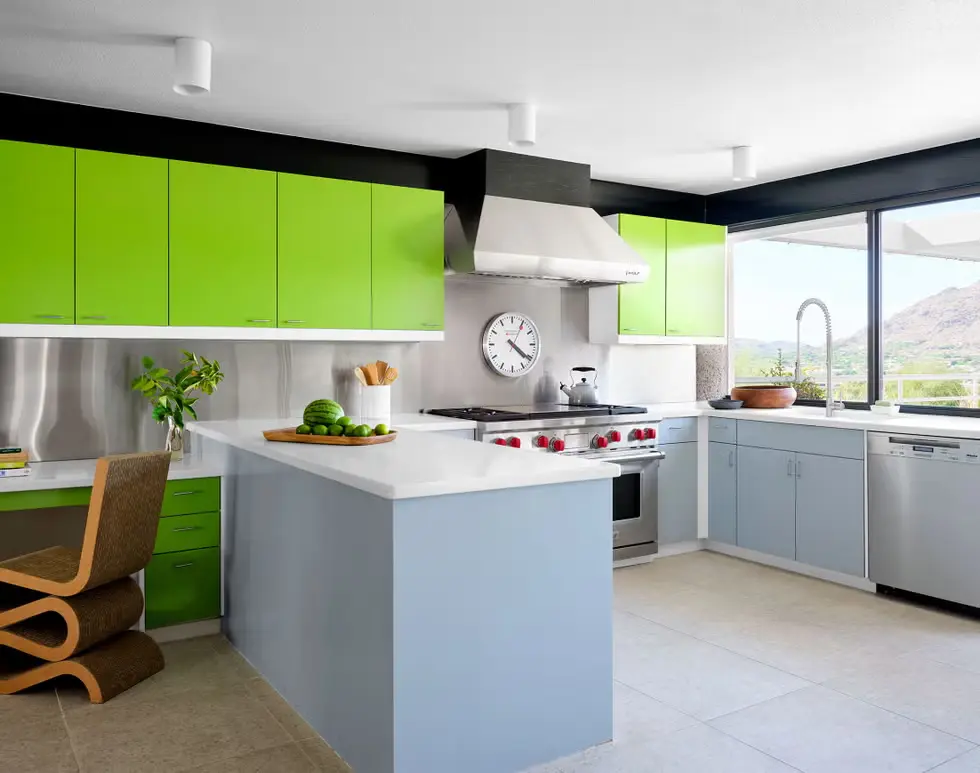 Acid Green Kitchen Cabinets with stainless steel and blue-gray below cabinets