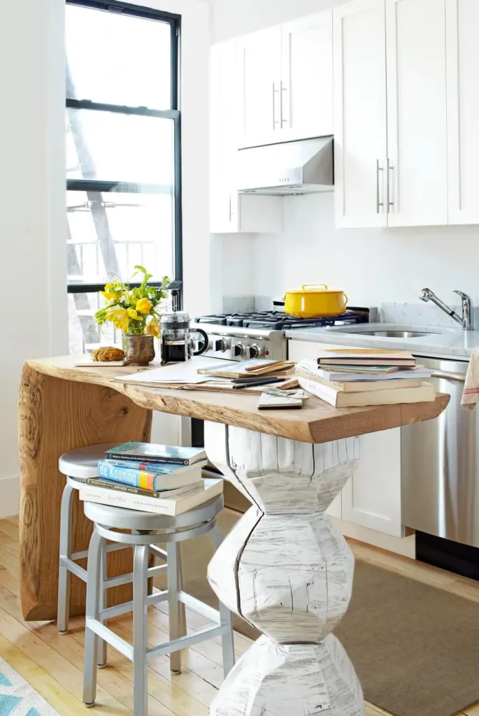 small kitchen island with Artful Centerpiece hand-carved from oak and cherry logs