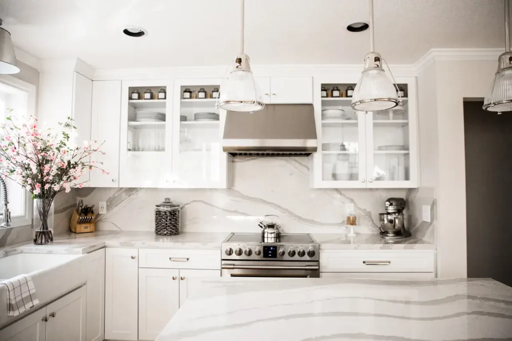 Modern kitchen with matching backsplash and countertop 