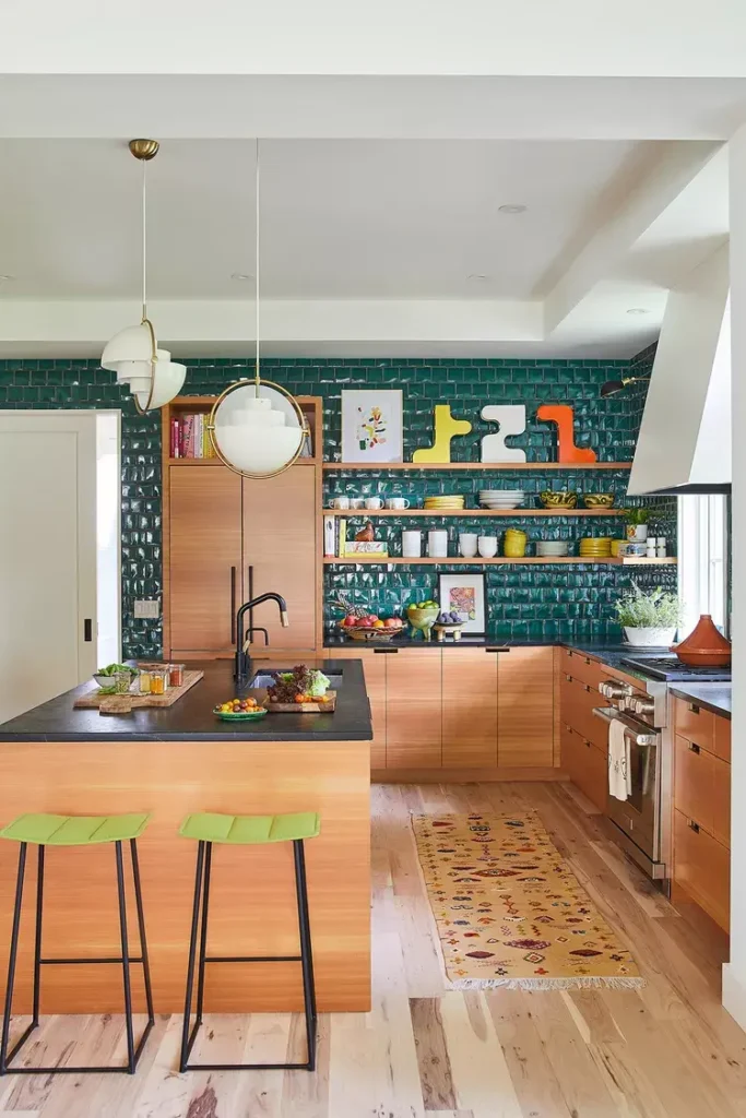 A modern kitchen with colorful Tile Backsplash with glossy teal tiles