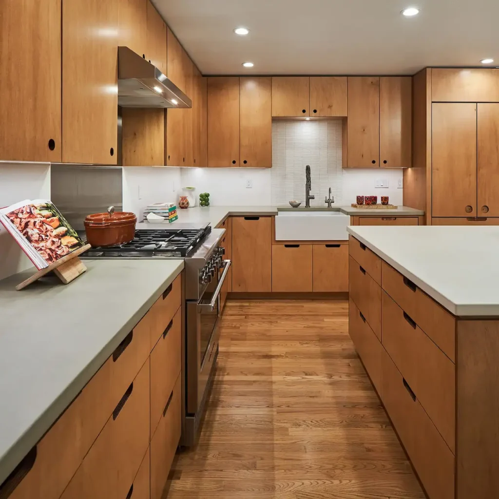 A beautiful kitchen with Concrete Countertop and Island.  