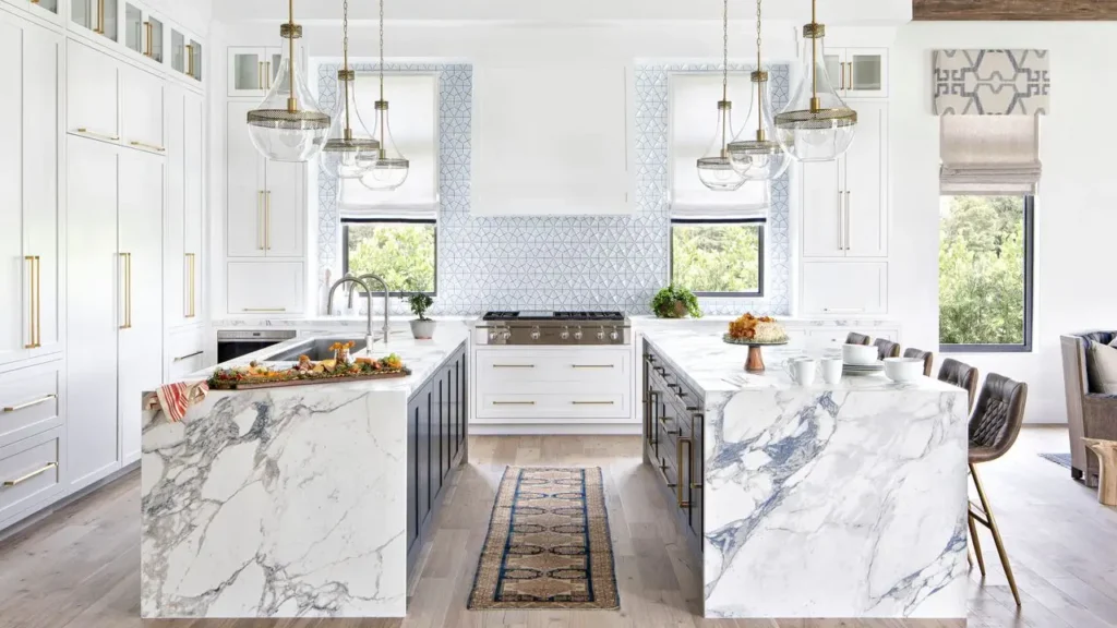 A modern kitchen having double Island With Seats