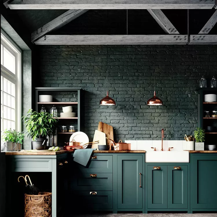 Dramatic Green Kitchen Cabinets with copper accents and modern design elements.