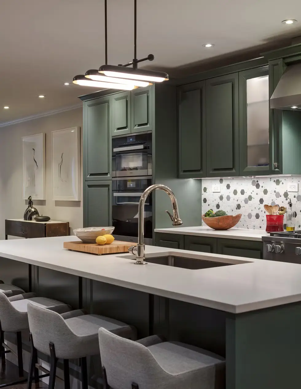 Dusty Green Kitchen Cabinets painted with Benjamin Moore's Vintage Vogue