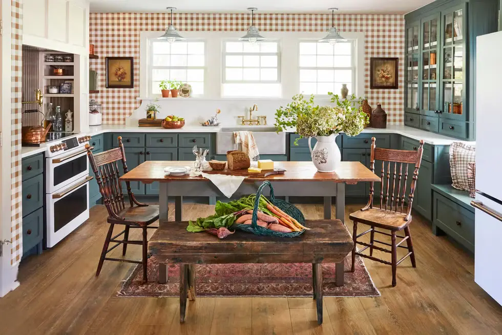 Forest Green Kitchen Cabinets with plain wood knobs for rustic touch and Graphic gingham wallpaper 