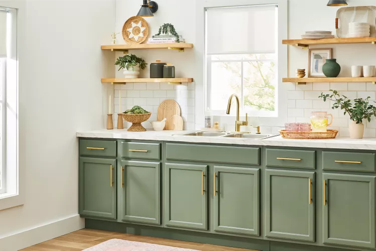 Elegant Sage Green Kitchen Cabinets and dark accessories or stark white counters