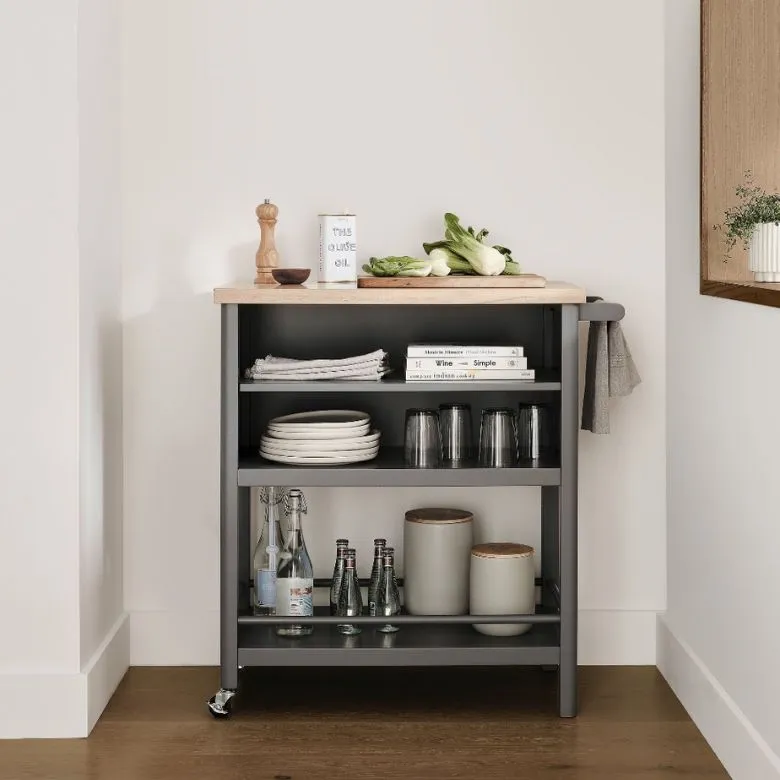 Kaden Rolling Kitchen Island made of kiln-dried wood with a water-based charcoal finish