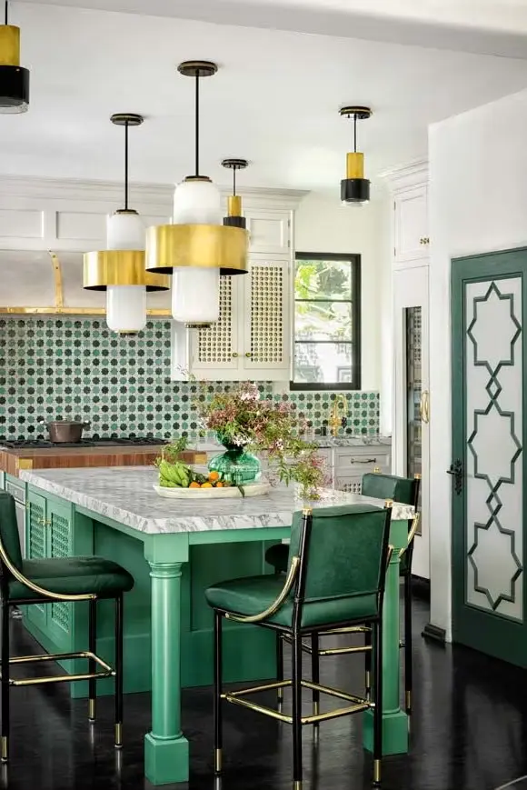 Kitchen Cabinets with multiple layers of green tones