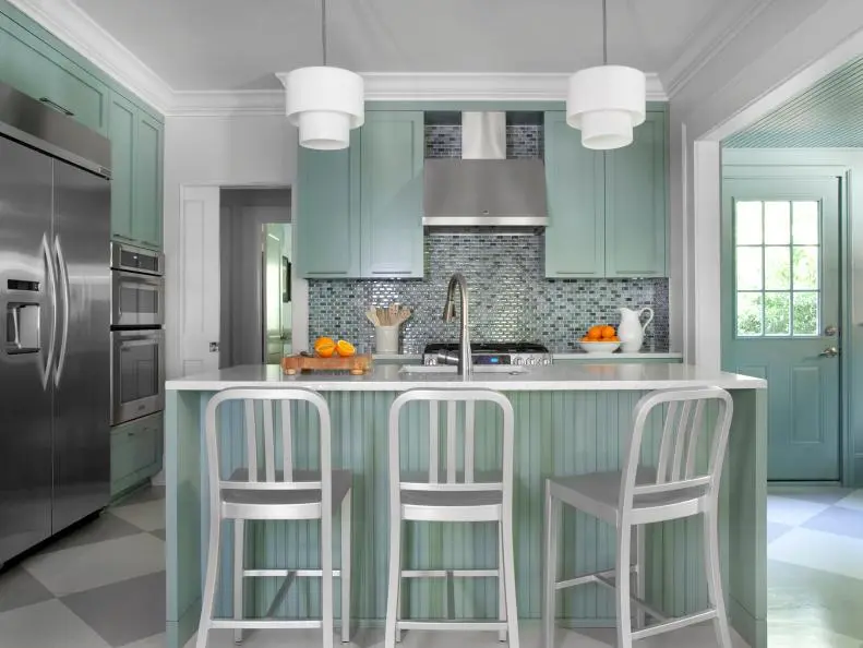 Sea Foam Green Island with Silver bar stools and striking pendant lights 