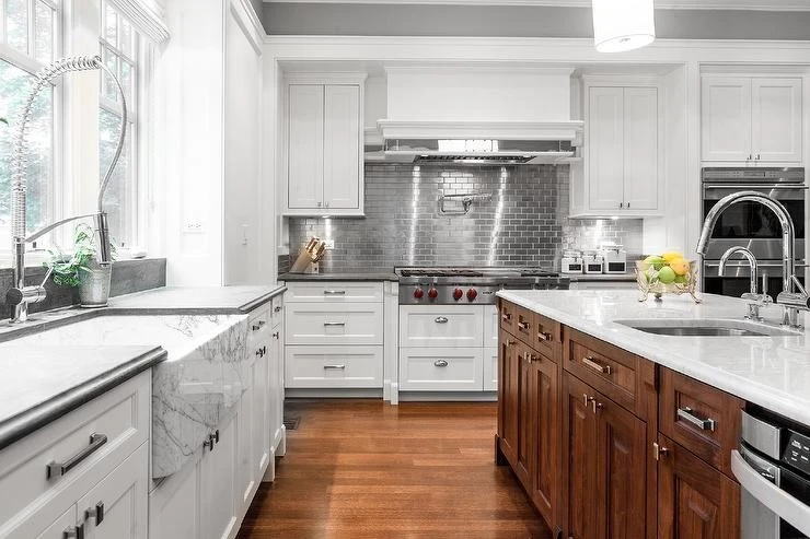 marble countertops with Stainless Steel Kitchen Backsplash