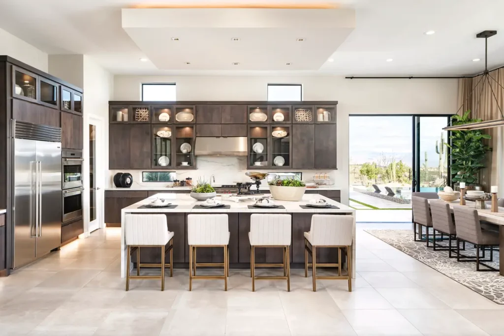 A beautiful Kitchen with Waterfall Island and seating