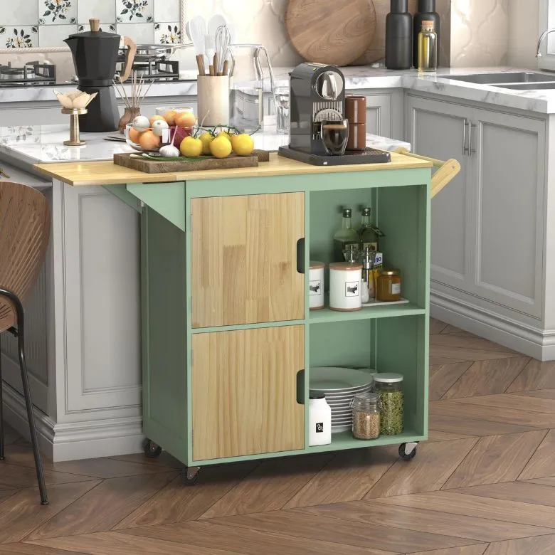 Winston Porter Rolling portable Island in mint green With Solid Wood Top and open shelf & two cabinets