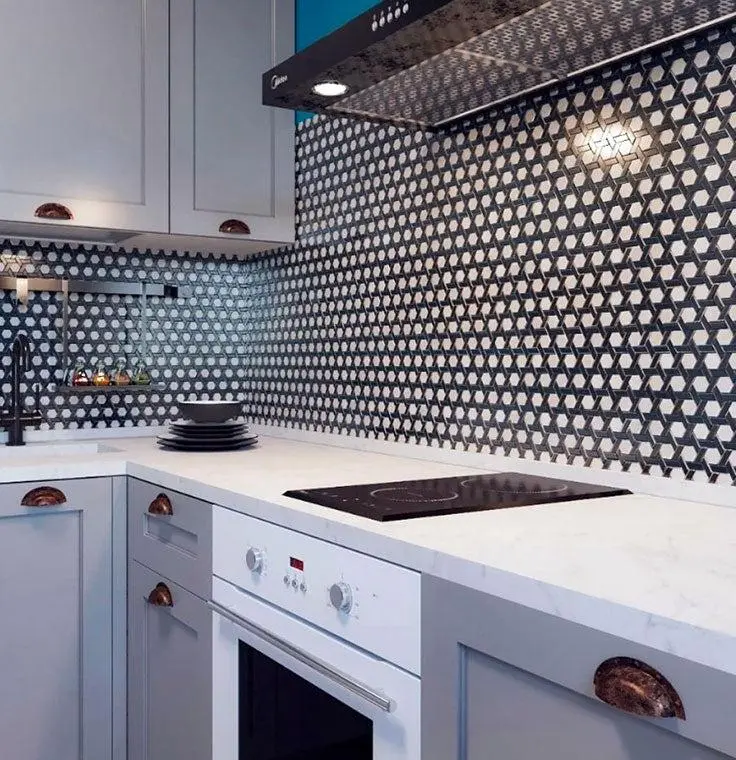 Black and white honeycomb tiles backsplash