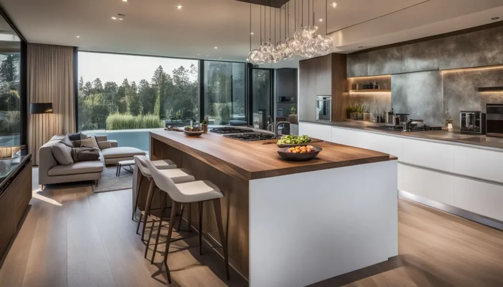 A modern kitchen with Island and seating and a beautiful view from window