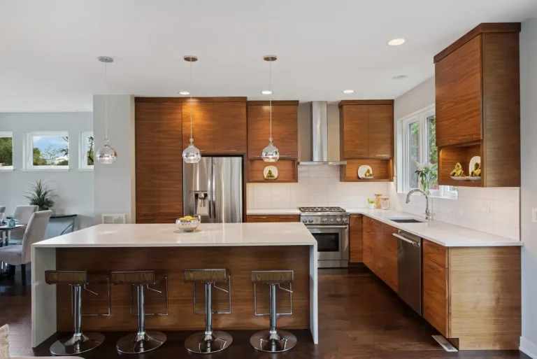 A beautiful modern kitchen with an island and a modern countertop