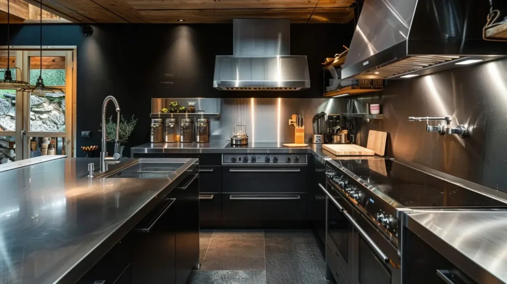 A kitchen with industrial look having Black Cabinets With Stainless steel Countertop